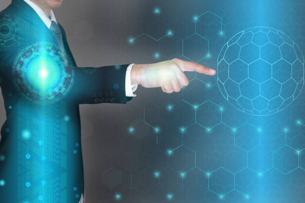 istock Double exposure of businessman finger point virtual target and hexagonal pattern design tech innovation background as business, technology, target and globalization concept. 910311470