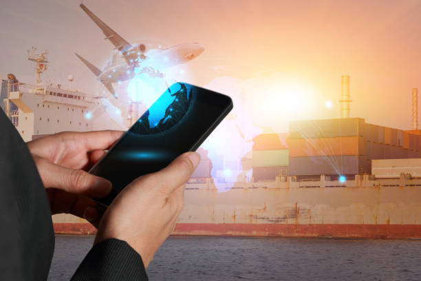 istock woman touch smartphone, glowing world map, container cargo ship, cargo plane and airplane take off at sunset as business, technology, industrial, transportation, logistic and import export concept 910313370