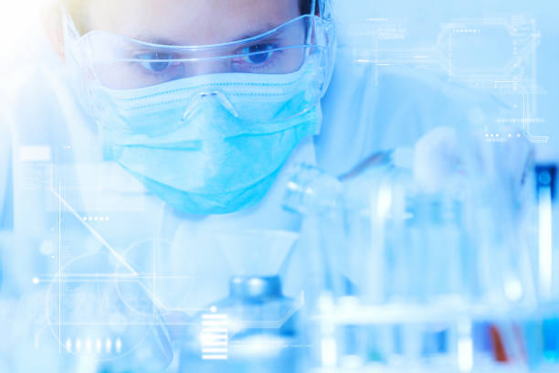 istock Laboratory glassware containing chemical liquid, science research. 910314990