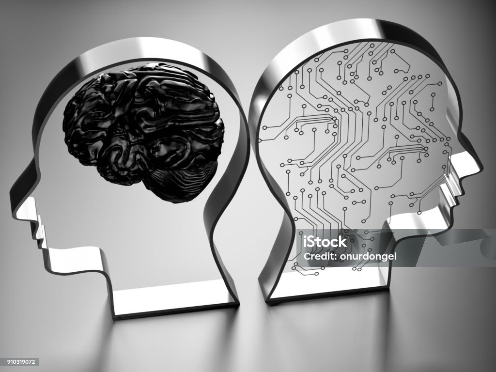 Inteligencia artificial (IA) contra el cerebro humano - Foto de stock de Inteligencia artificial libre de derechos