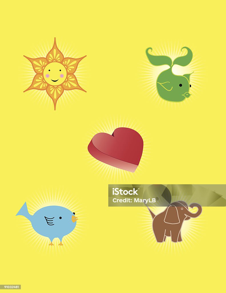 Some Things Cute Cute icons with sunlight.  Sun, fish, heart, chick and elephant. Compressed hi res jpeg is included.  Sunrays have radial gradients. Affectionate stock vector