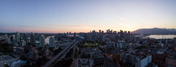 downtown vancouver aerial panorama - scenics skyline panoramic canada place stock-fotos und bilder