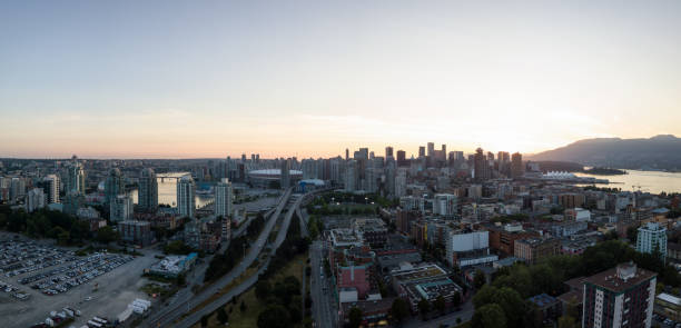 downtown vancouver aerial panorama - scenics skyline panoramic canada place stock-fotos und bilder