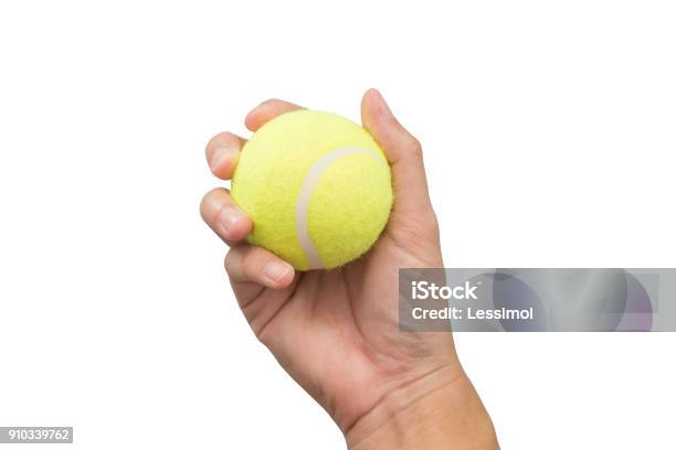 Hand Holding Tennis Ball Isolated On White Background Stock Photo - Download Image Now