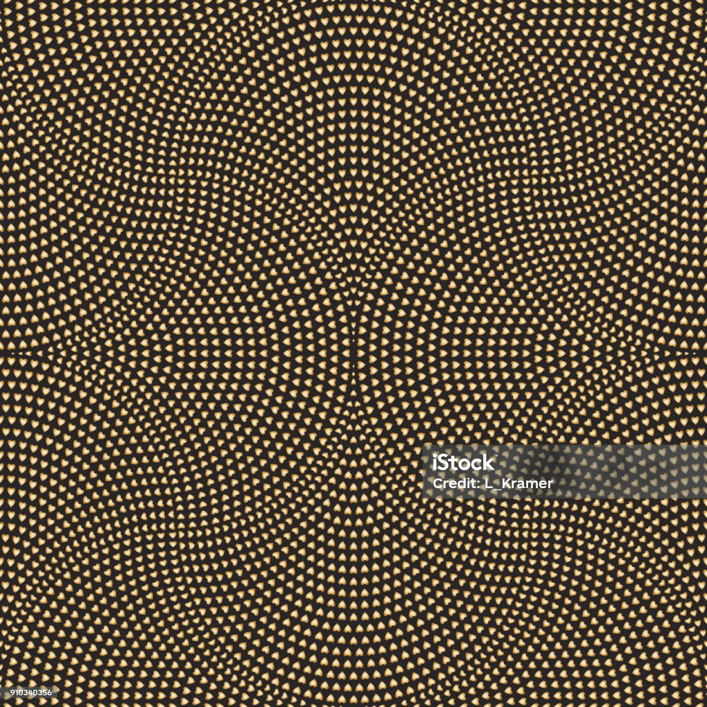 Vector abstract geometrical seamless pattern, fan shaped decorative triangular elements from golden hearts on a black background. Wallpaper, web page fill, textile print, album cover, wrapping paper Gold - Metal stock vector