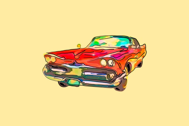 istock Picture of a beautiful red antique car on a yellow background 910343352