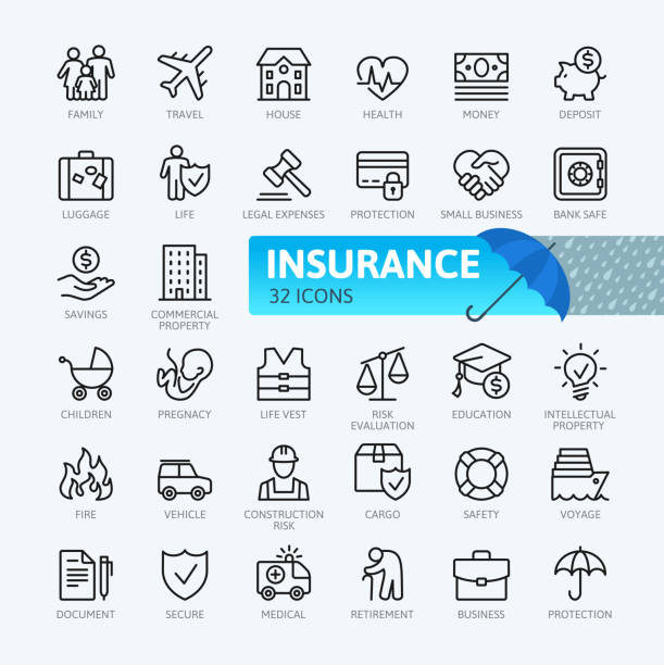 ilustraciones, imágenes clip art, dibujos animados e iconos de stock de seguros - colección de iconos de línea delgada - insurance