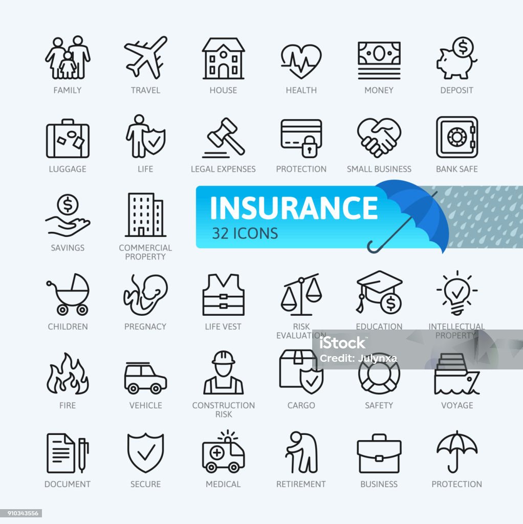 Assicurazione - collezione icone linea sottile - arte vettoriale royalty-free di Icona