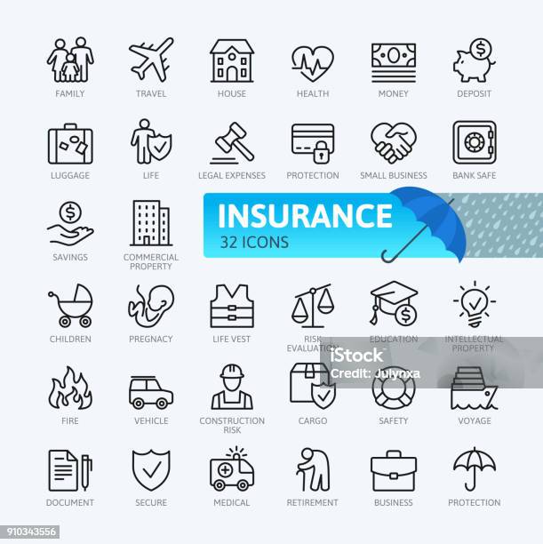 Assicurazione Collezione Icone Linea Sottile - Immagini vettoriali stock e altre immagini di Icona - Icona, Assicurazione, Assicurazione sulla vita