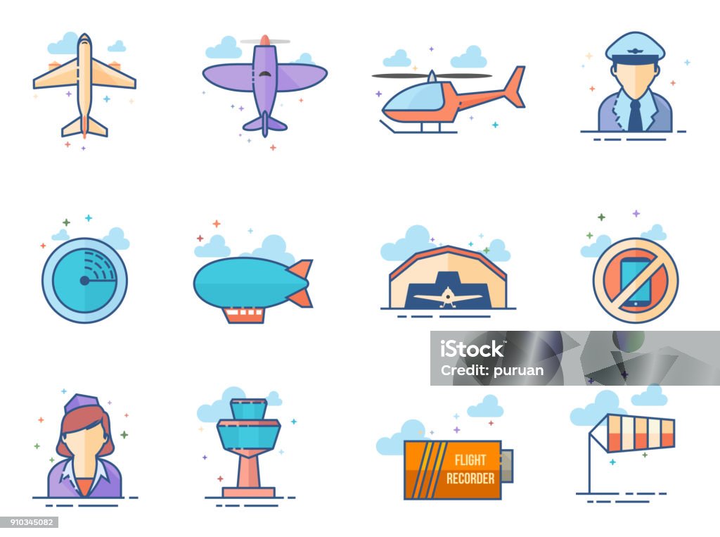 Flat color icons - Aviation Aviation icons in flat color style. Corporate Jet stock vector