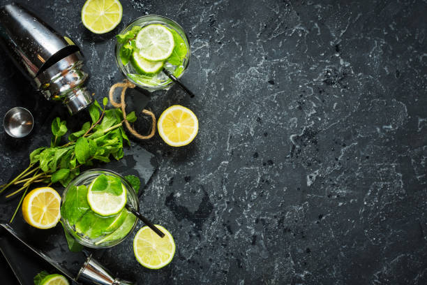 istock Mojito cocktail with lime and mint in highball glass on a stone table. Drink making tools and ingredients. Copy space and top view 910348426