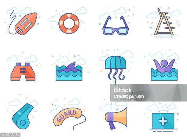 Flat Color Icons Lifeguard Stock Illustration - Download Image Now - Lifeguard, Beach, Beach Holiday