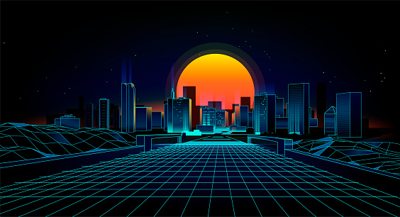 Retro background  landscape 1980s style.  Retro 80s Sci-Fi background city Landscape. Futuristic background retro wave.