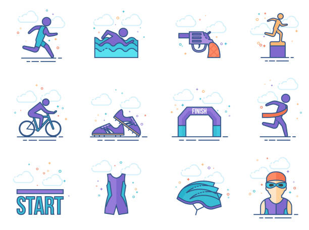 Flat Color Icons - Triathlon Triathlon icon series in flat colors style. Vector illustration. starting gun stock illustrations