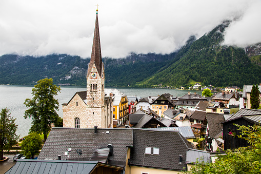 Views of the Neo-Gothic Evangelical Church in Hallstatt, part of Dachstein-Salzkammergut Cultural Landscape, a World Heritage Site in Austria