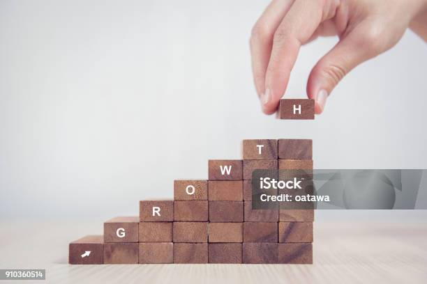 Arreglo Apilado Como Escalera De Paso De Bloque De Madera De La Mano De La Mujer Proceso Del Éxito Del Crecimiento Del Concepto De Negocio Foto de stock y más banco de imágenes de Crecimiento