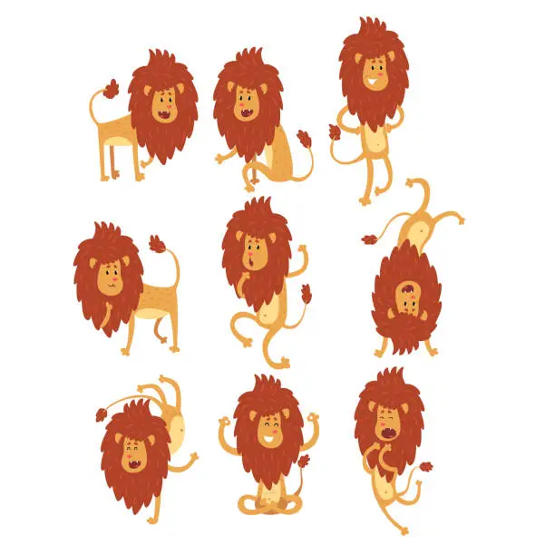 Vector illustration of Set of funny African lion in different actions. Cartoon wild animal character. Zoo theme. Flat vector design for children s book, t-shirt print or sticker