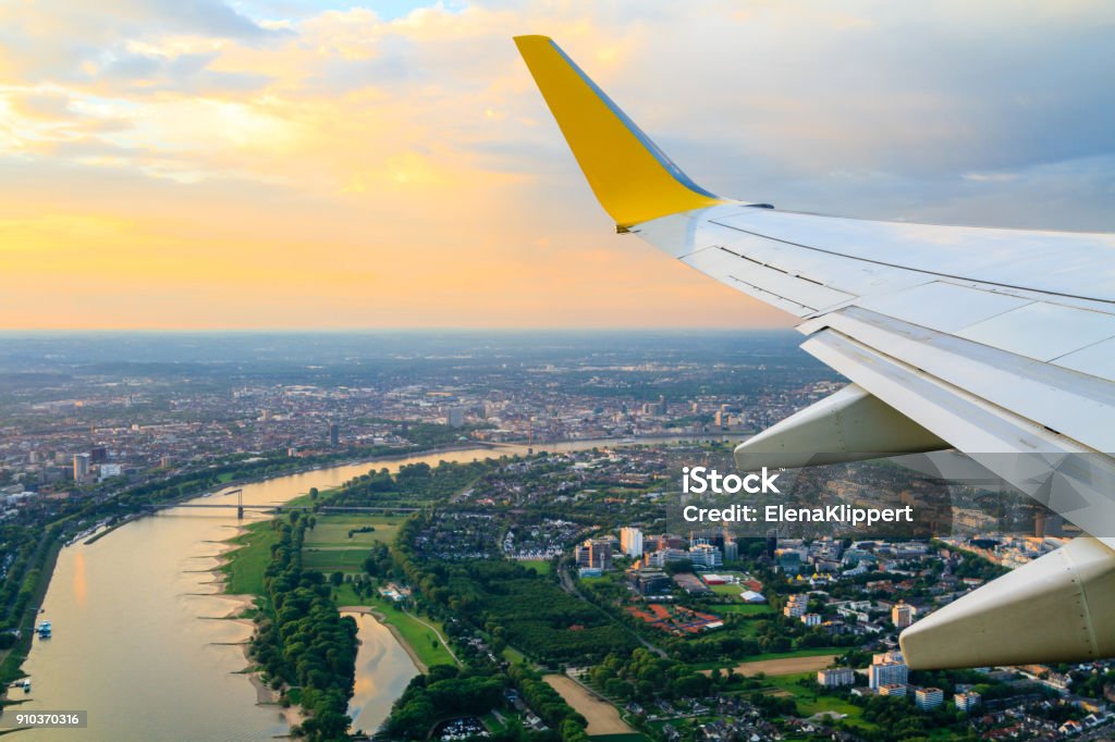 View from airplane window to Dusseldorf View from airplane window to Dusseldorf, Germany Stratosphere Stock Photo