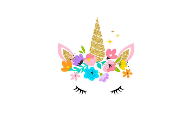 ilustraciones, imágenes clip art, dibujos animados e iconos de stock de cabeza de unicornio con flores - tarjeta y camisa de diseño - unicornio cabeza