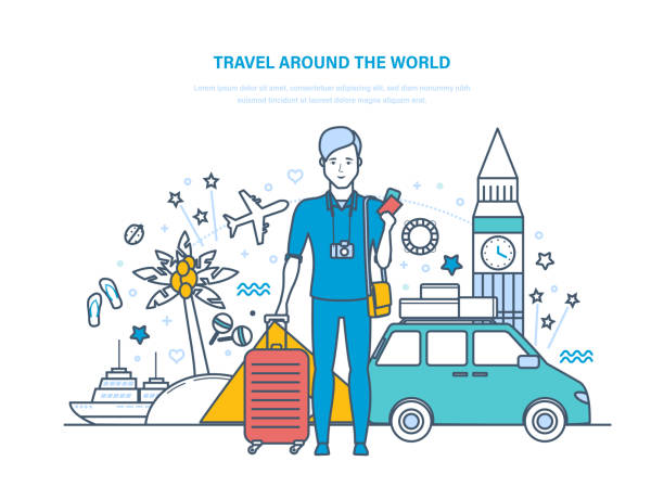 podróżowanie po świecie. podróż samochodem, przez europę, kraje tropikalne - cloud community city mid air stock illustrations