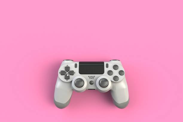 istock Computer game competition. Gaming concept. White joystick isolated on pink background, 3D rendering 910372212