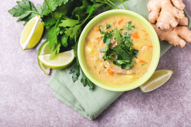 istock Indian Mulligatawny soup with lentil, parsley. Copyspace, top view. 910377648