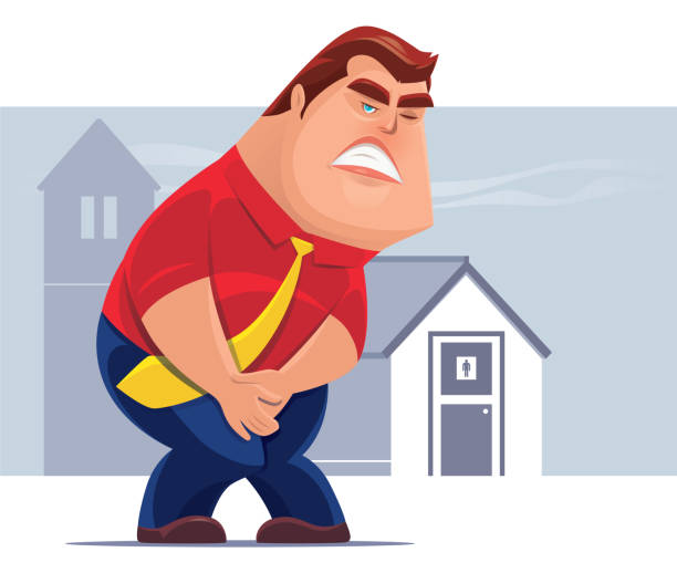 empresário com problema de urgência de urinar ilustração vetorial de homem gordo com problema de urgência de urina homem xixi banheiro desenhos animados ilustrações de stock