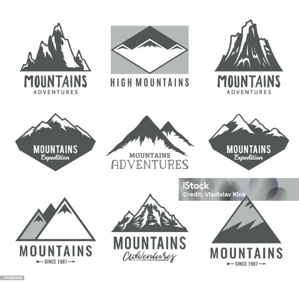 Vector mountains icons Vector mountains, rocks and peaks icons isolated on white. Rocky Mountains - North America stock vector