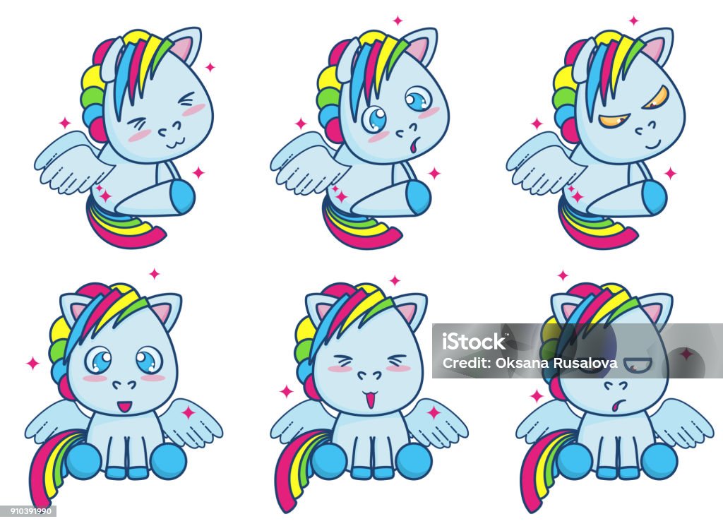 Cute blue little pony with wings vector illustration set of different emotions. More emotions see in my similar image Animal stock vector