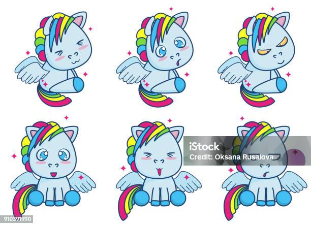 Cute Blue Little Pony With Wings Vector Illustration Set Of Different Emotions More Emotions See In My Similar Image Stock Illustration - Download Image Now