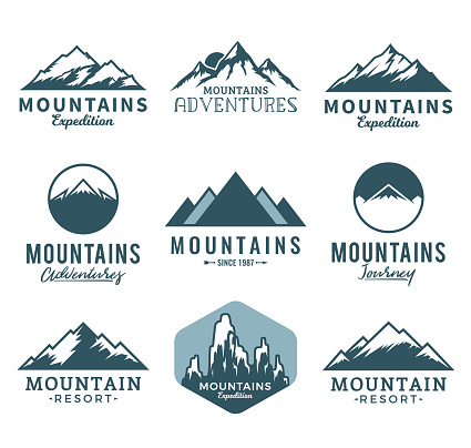 Vector mountains, rocks and peaks icons isolated on white.