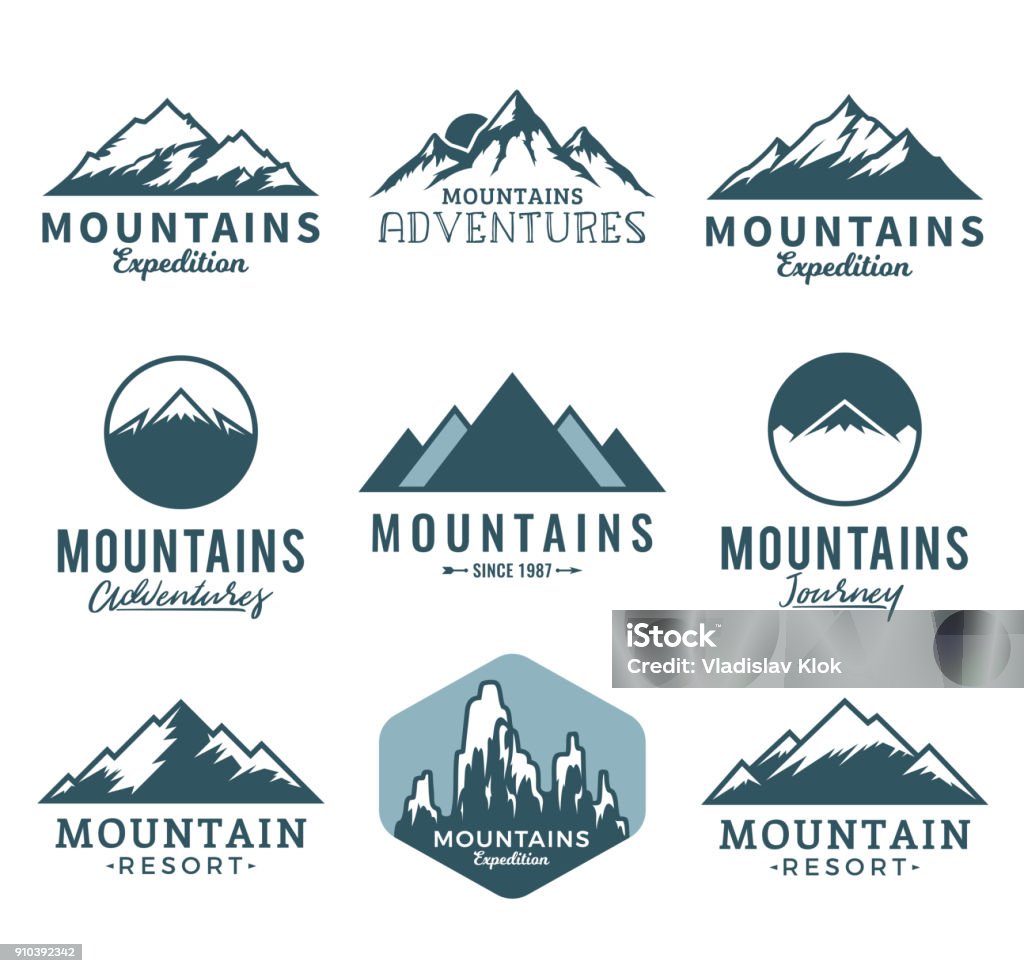 Vector mountains icons Vector mountains, rocks and peaks icons isolated on white. Mountain stock vector