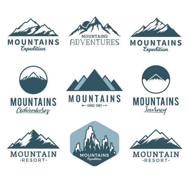 Vector mountains icons Vector mountains, rocks and peaks icons isolated on white. mountain ridge stock illustrations
