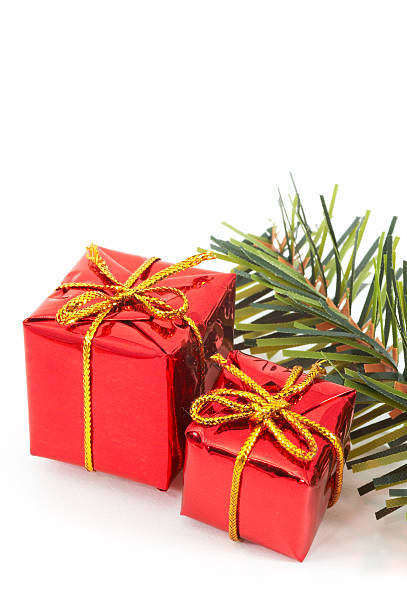 Two Christmas presents, green tree on white background. stock photo