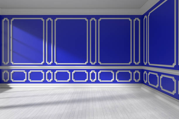 istock Empty blue room with white molding and parquet floor 910404308