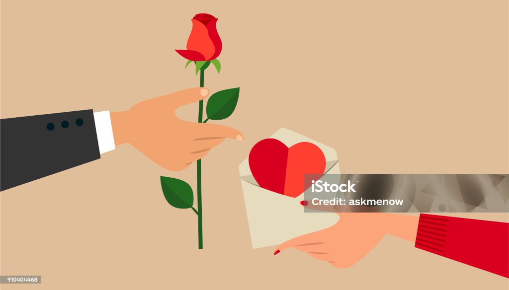 Valentine's Day Man's and woman's hands, exchanging Valentine's Day gifts. Rose - Flower stock vector