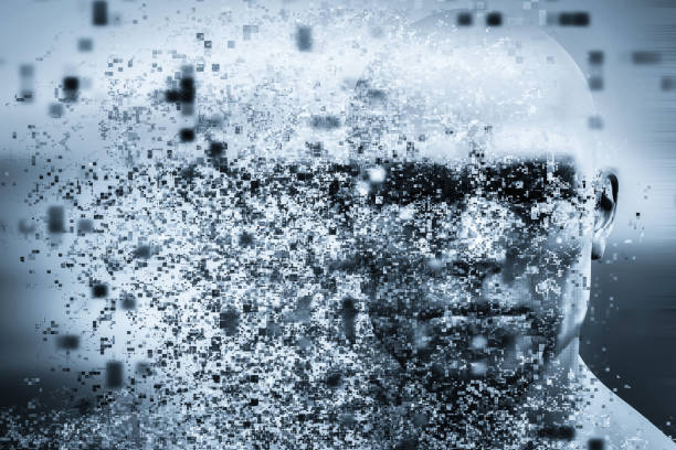 istock Man face with pixel dispersion effect. Concept of technology, modern science but also disintegration 910421860