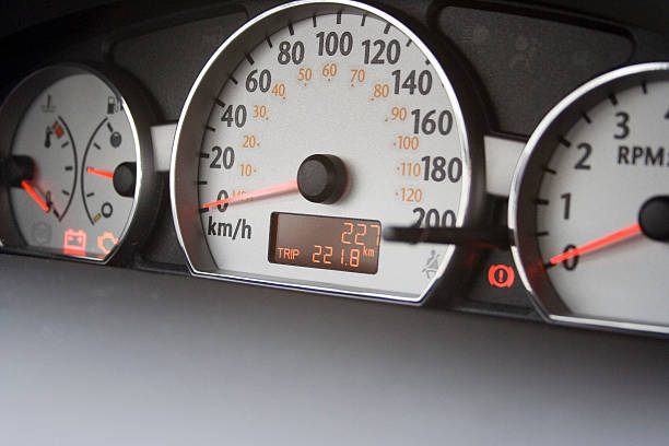 227km on new car odometer stock photo