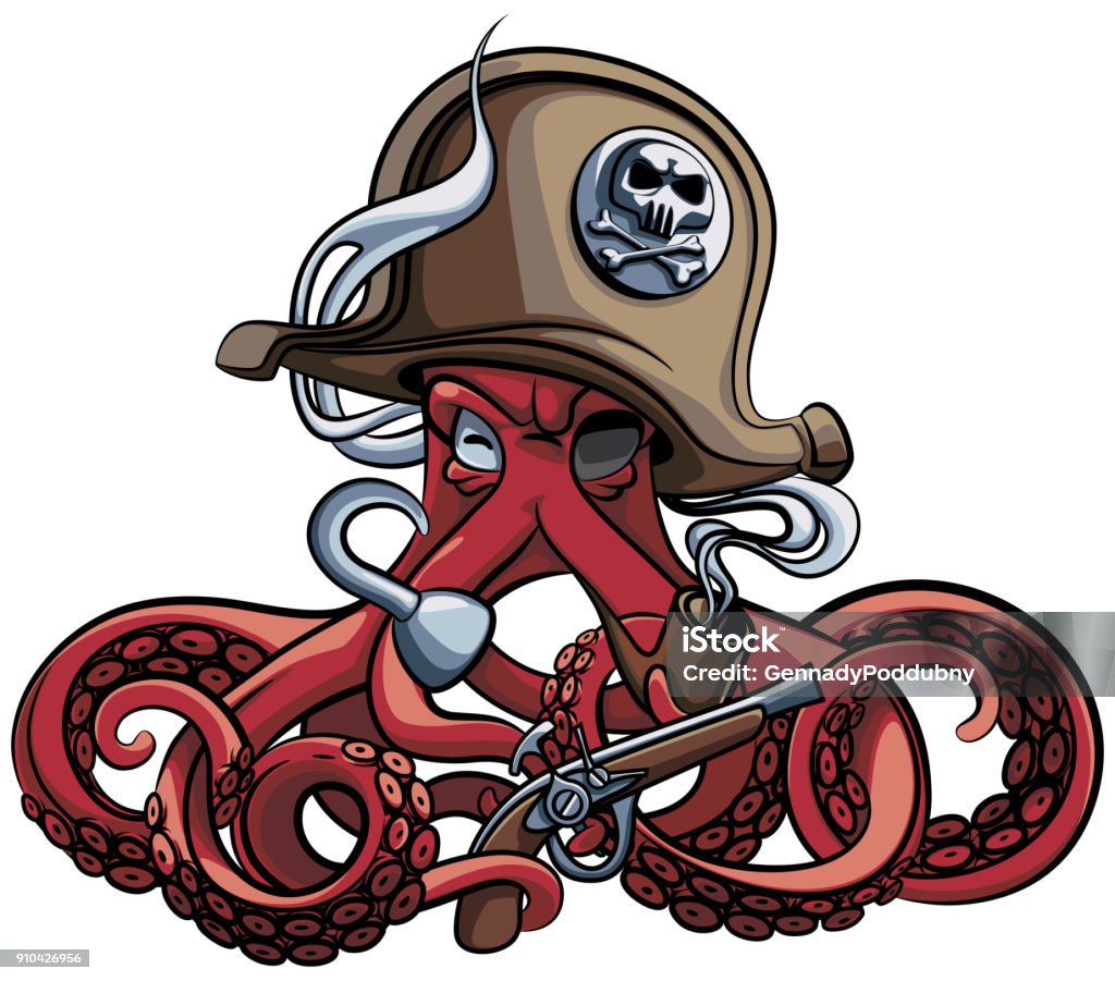 Octopus the Corsair Vector colourful illustration of one-eyed octopus in the tricorn with pistol and tobacco pipe in his tentacles, isolated on white background. File doesn't contains gradients, blends, transparency and strokes or other special visual effects. You can open this file with any vector graphics editors. Kraken stock vector