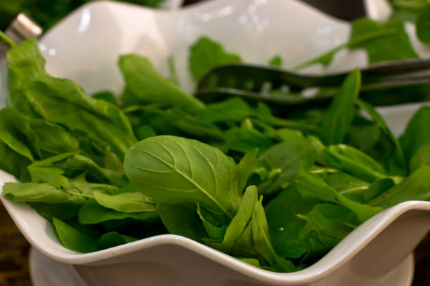 Fresh rucola leaves close-up in the white bowl Fresh rucola leaves close-up in the white bowl arugula stock pictures, royalty-free photos & images