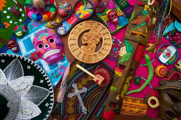 Mayan mexican handcrafts souvenirs carved skulls embroidery