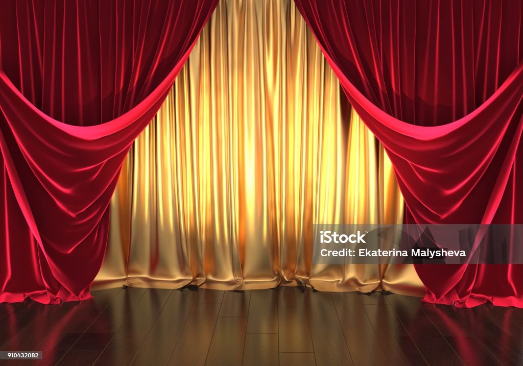 theater stage, golden curtains and red velvet 3D rendering, theater stage, golden curtains and red velvet Curtain Stock Photo