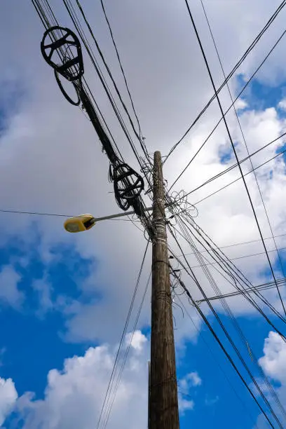 Messy electric aerial wires and pole in Mexico