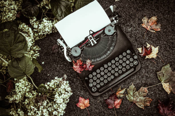 Vintage typewriter in on autumn background Vintage typewriter in on autumn background with fallen leaves typewriter writing retro revival work tool stock pictures, royalty-free photos & images