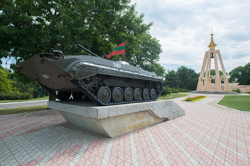 TIRASPOL, TRANSNISTRIA - CIRCA AUGUST 2016: A tank attraction in Transnistria. Tiraspol is the capital of Transnistria, a self governing territory not recognised by United Nations
