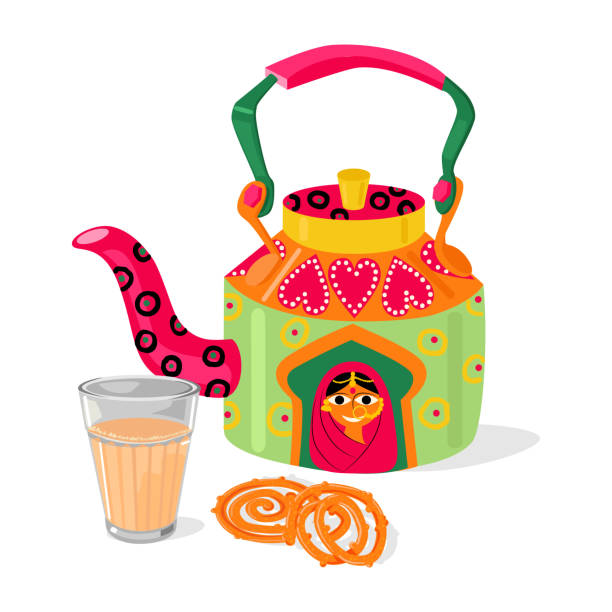 красивый индийский чайник и чай масала чай. традиционные сладости халеби. иллюстрация вектора - street food illustrations stock illustrations