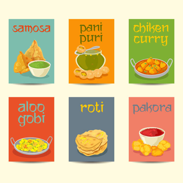 Indian food banners, cards, posters set ,vintage colors Indian cuisine food dishes colorful posters. Indian dishes banners, cards, posters set ,vintage colors panipuri stock illustrations