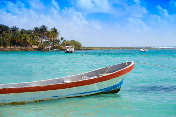 Akumal bay Caribbean beach boats in Riviera Maya of Mayan Mexico