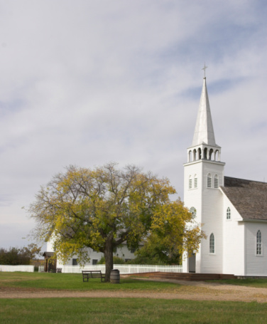 Exterior view of the historic wooden Oregon Trail Chapel in McGrew, Nebraska, USA