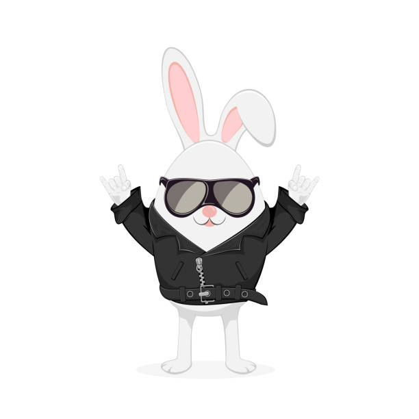 Easter rabbit in black jacket Easter rabbit with rock and roll hand sign in leather jacket with black sunglasses isolated on white background, illustration. bike hand signals stock illustrations